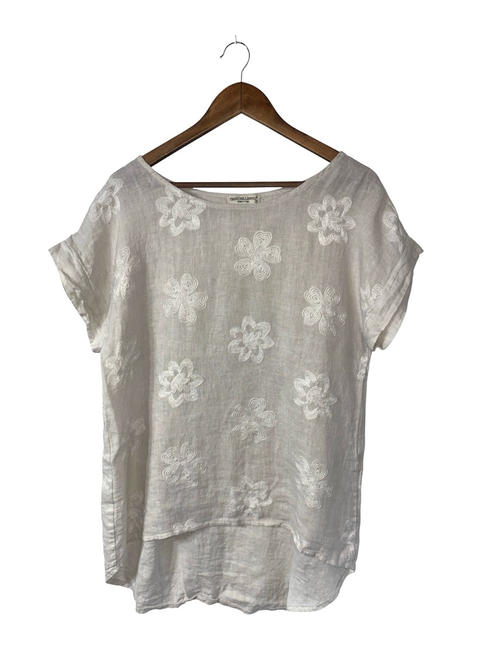 Terzo Millennio 100% Linen Tunic Short Sleeve Top Embroidery Flowers Cream Small